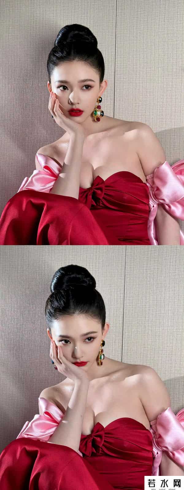 腾讯微博皮肤,林允微博之夜裹胸红裙,皮肤白皙发光