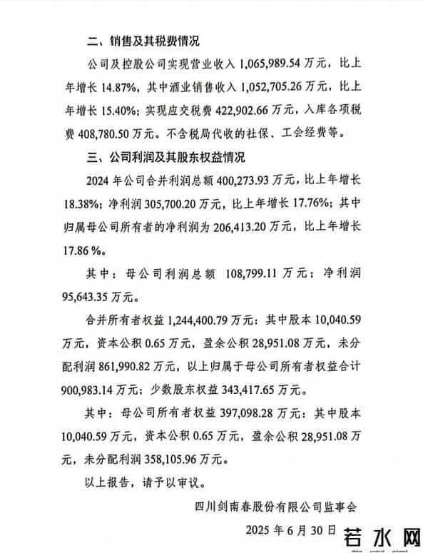 剑南春集团,剑南春股份营收106.6亿,2024年度大手笔分红35亿