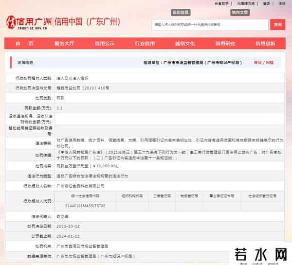 咚吃,广州咚吃食品科技有限公司被罚款3.1万元