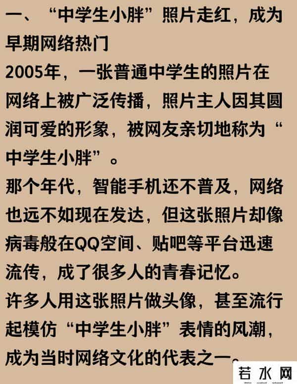 网络小胖,19年前,那个靠着一张照片走红网络的中学生小胖,如今怎么样了?