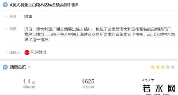 曝澳铸币厂向中国出售百吨问题金条