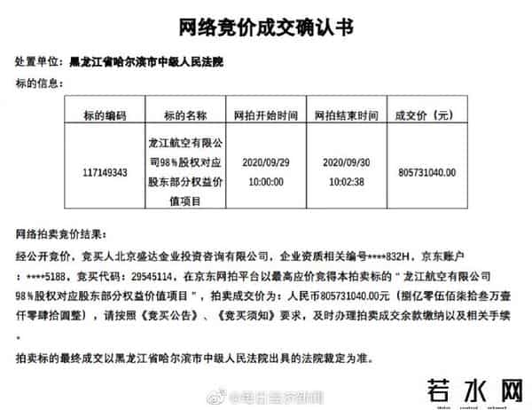 龙江航空将被拍卖