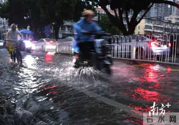 广东暴雨-街头积水市民骑车如渡河