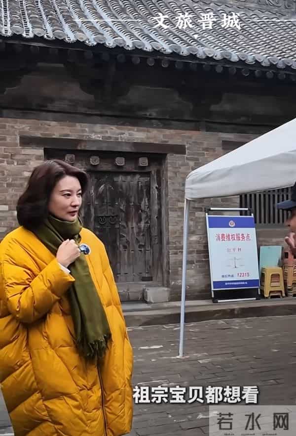 刘芳菲探访铁佛寺,姜黄羽绒服搭墨绿围巾,知性优雅尽显文旅风采