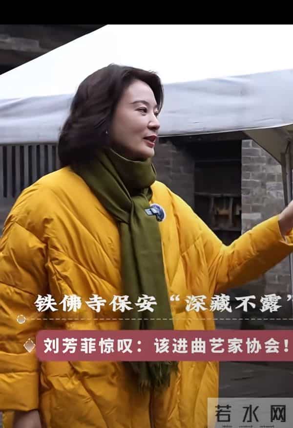 刘芳菲探访铁佛寺,姜黄羽绒服搭墨绿围巾,知性优雅尽显文旅风采