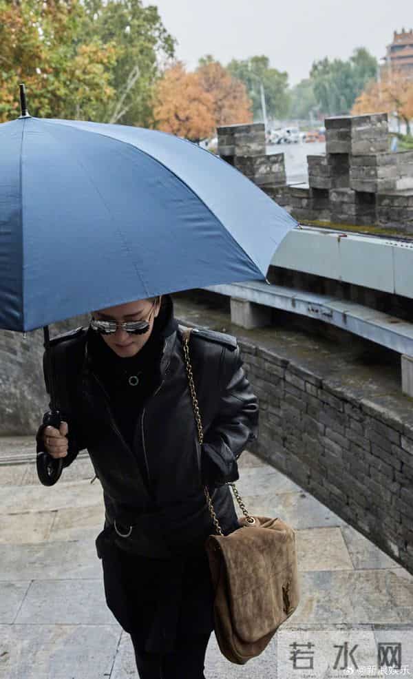 巩俐雨天现身北海公园，全黑造型撑伞漫步，这姿态太像电影镜头！
