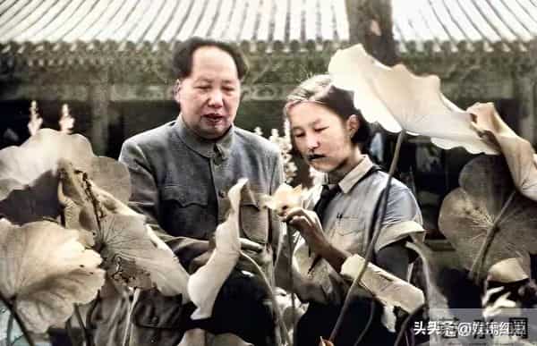 毛主席一家四口合影，四人脸上全是笑意，李讷紧挨毛主席