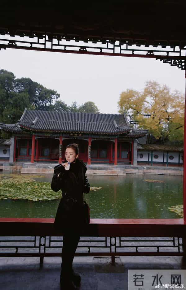 巩俐雨天现身北海公园，全黑造型撑伞漫步，这姿态太像电影镜头！