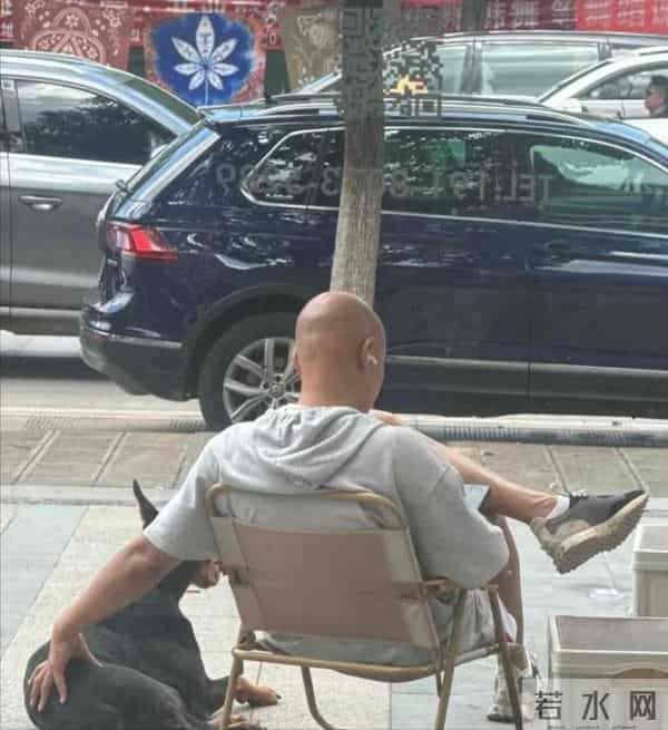 50岁乐嘉定居云南，牵着大狗外出，坐在路边看手机，生活非常悠闲