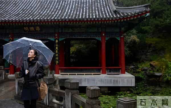 巩俐雨中撑伞漫步北海公园！湖边吃冰糖葫芦好惬意