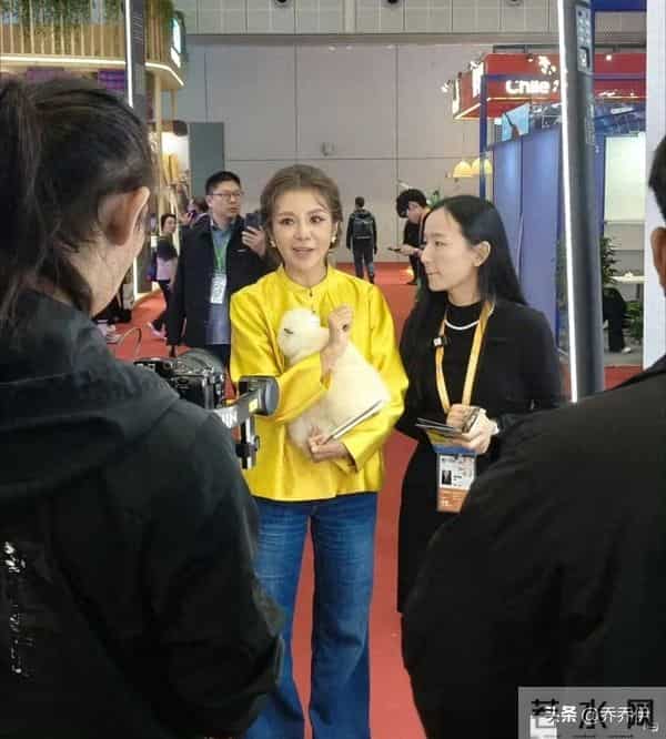 52岁的朱迅在上海进博会被偶遇，她身着黄色新中式服装